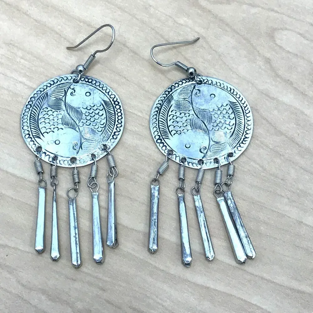 Sterling Silver Handcrafted Koi Fish Drop Dangle Earrings Etched Design 3” Long